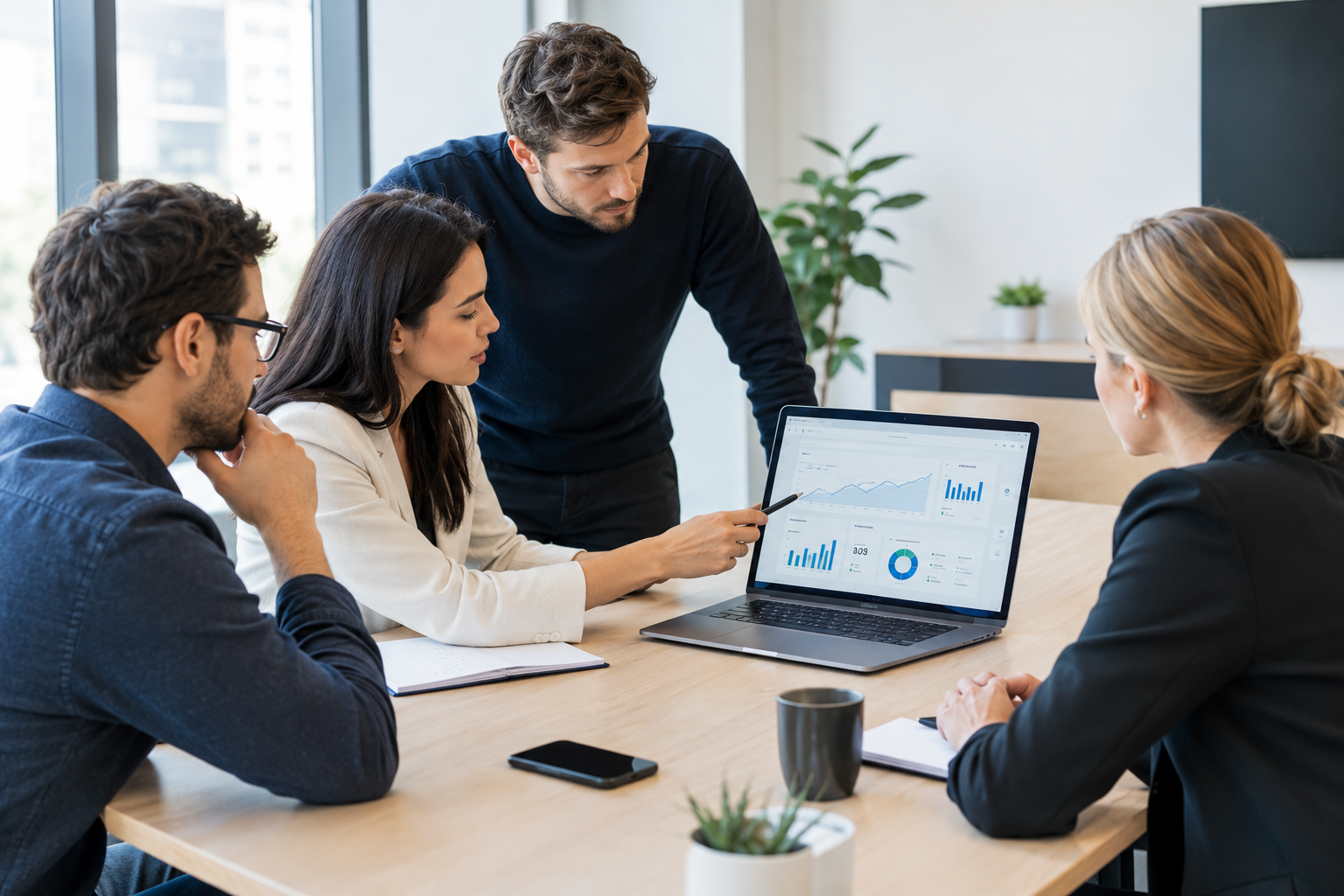SEO agentūros komanda analizuoja svetainės optimizavimo duomenis ir strategiją.